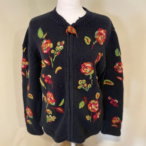 Northern Isles Zip-Up Knit Cardigan – Women’s M – Black with Rose Embroidery - Picture 1 of 10